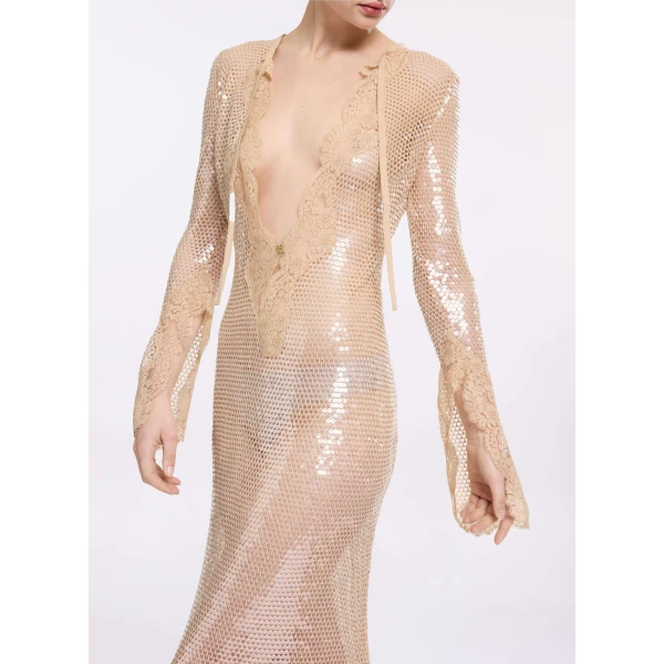 Elie Saab Sequined Mesh Midi Dress in Beige featuring  – Luxury Designer Fashion at Luxury Shoes .