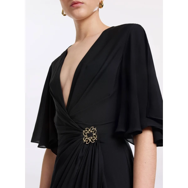 Elie Saab Silk Midi Dress in Black featuring  – Luxury Designer Fashion at Luxury Shoes .