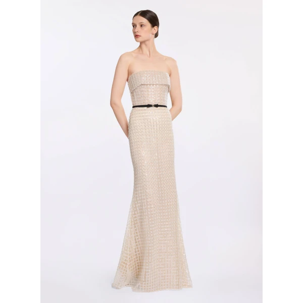 Elie Saab Strapless Pearl Long Dress in White featuring  – Luxury Designer Fashion at Luxury Shoes .