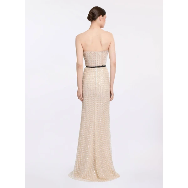Elie Saab Strapless Pearl Long Dress in White featuring  – Luxury Designer Fashion at Luxury Shoes .