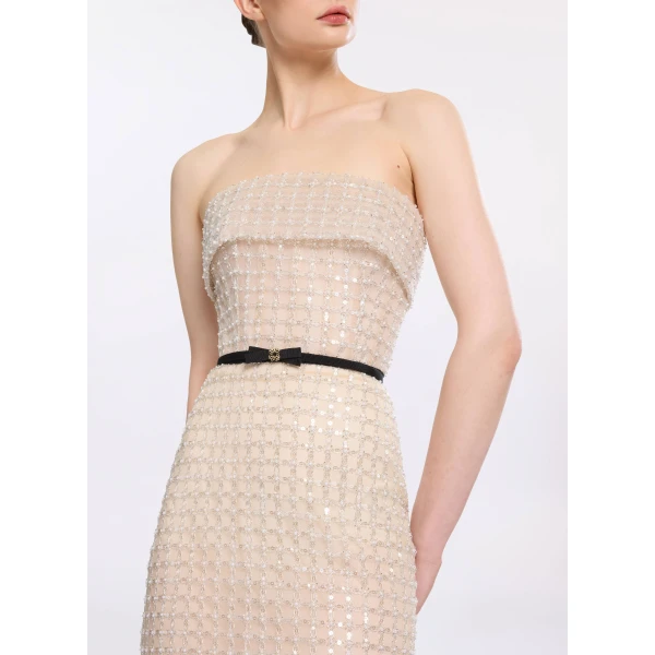 Elie Saab Strapless Pearl Long Dress in White featuring  – Luxury Designer Fashion at Luxury Shoes .