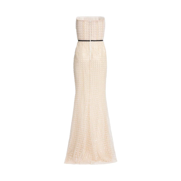 Elie Saab Strapless Pearl Long Dress in White featuring  – Luxury Designer Fashion at Luxury Shoes .