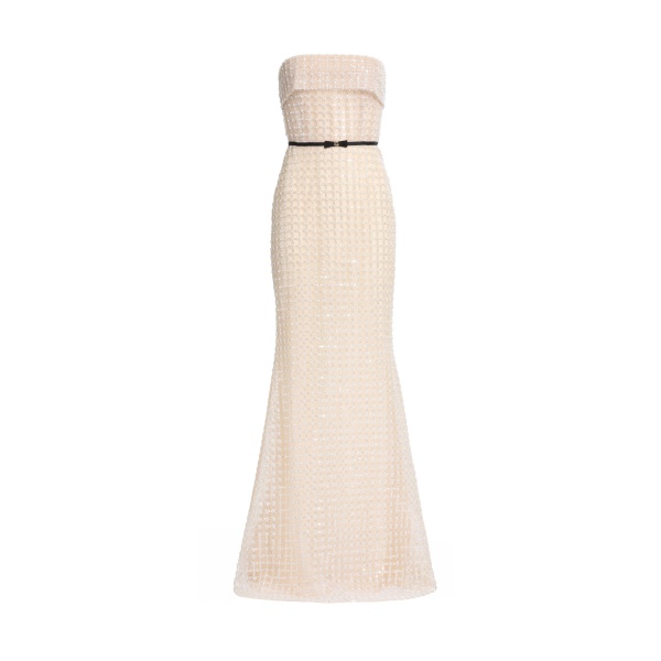 Elie Saab Strapless Pearl Long Dress in White featuring  – Luxury Designer Fashion at Luxury Shoes .