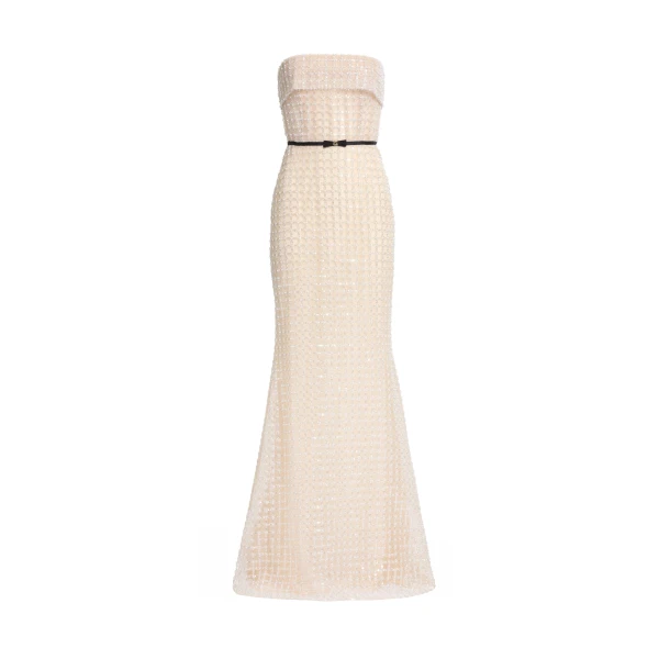 Elie Saab Strapless Pearl Long Dress in White featuring  – Luxury Designer Fashion at Luxury Shoes .
