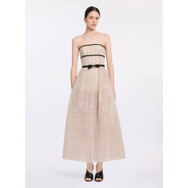 Elie Saab Strapless Pearl Midi Dress in White featuring  – Luxury Designer Fashion at Luxury Shoes .