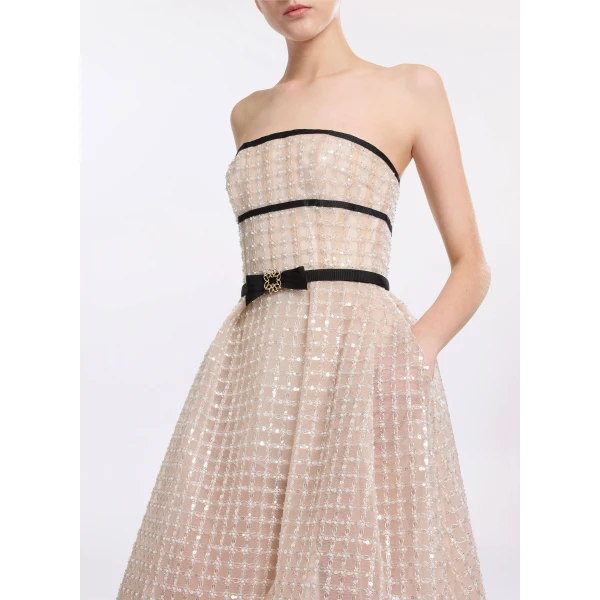 Elie Saab Strapless Pearl Midi Dress in White featuring  – Luxury Designer Fashion at Luxury Shoes .