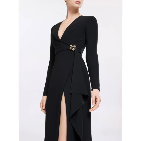 Elie Saab V-Neck Cady Dress in Black featuring  – Luxury Designer Fashion at Luxury Shoes .