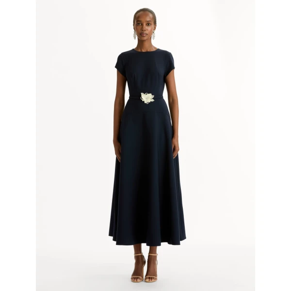 Oscar de la Renta Floral Belt Short Sleeve Dress - Oscar de la Renta Dresses - American Couture - Shop at Luxury Shoes 