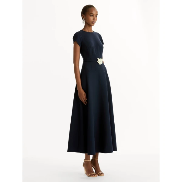 Oscar de la Renta Floral Belt Short Sleeve Dress - Oscar de la Renta Dresses - American Couture - Shop at Luxury Shoes 