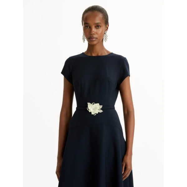 Oscar de la Renta Floral Belt Short Sleeve Dress - Oscar de la Renta Dresses - American Couture - Shop at Luxury Shoes 