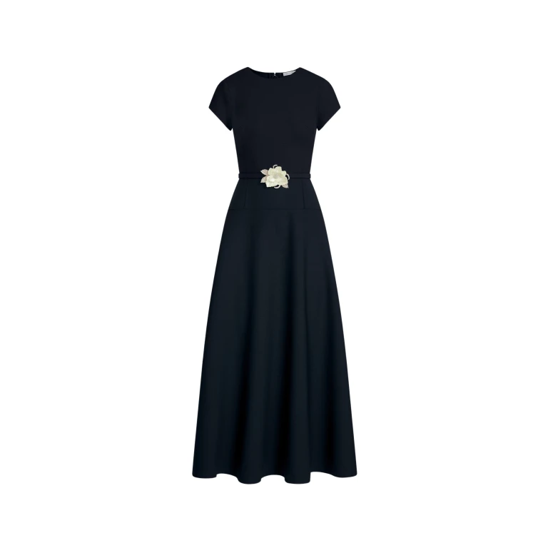 Oscar de la Renta Floral Belt Short Sleeve Dress - Oscar de la Renta Dresses - American Couture - Shop at Luxury Shoes 