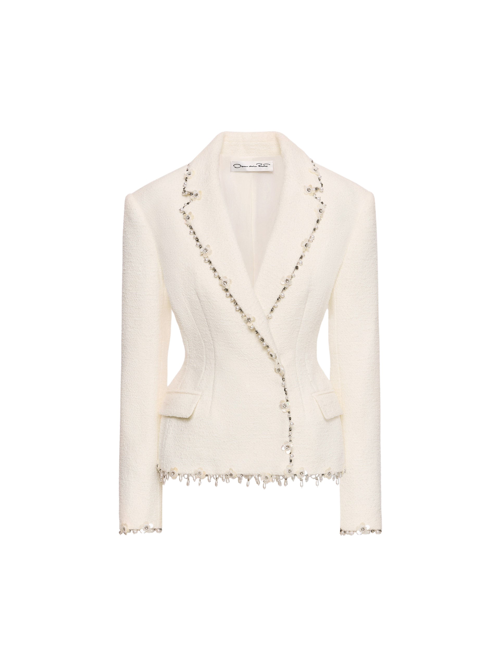 Oscar de la Renta Floral Jeweled Fringe Tweed Jacket