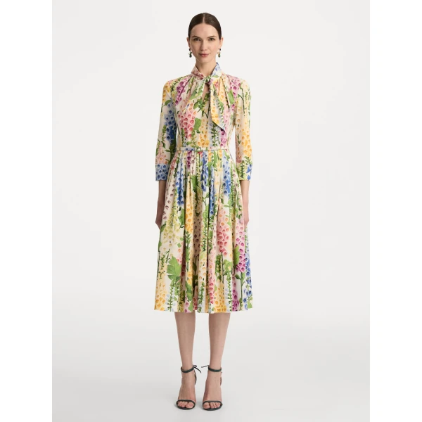 Oscar de la Renta Foxglove Cotton Poplin Tie-Neck Dress - Oscar de la Renta Dresses - American Couture - Shop at Luxury Shoes 