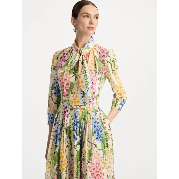 Oscar de la Renta Foxglove Cotton Poplin Tie-Neck Dress - Oscar de la Renta Dresses - American Couture - Shop at Luxury Shoes 