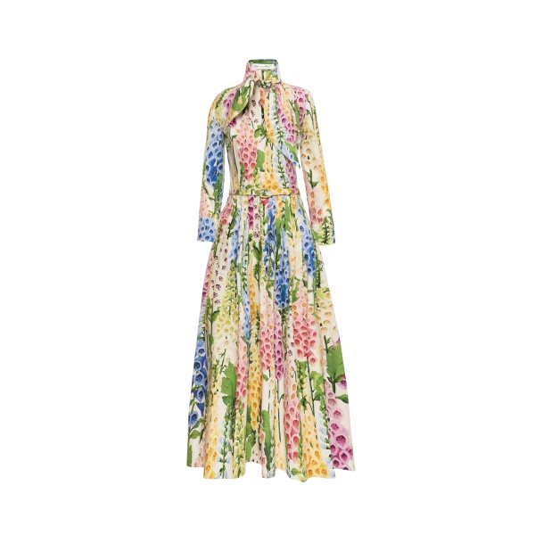 Oscar de la Renta Foxglove Cotton Poplin Tie-Neck Dress - Oscar de la Renta Dresses - American Couture - Shop at Luxury Shoes 