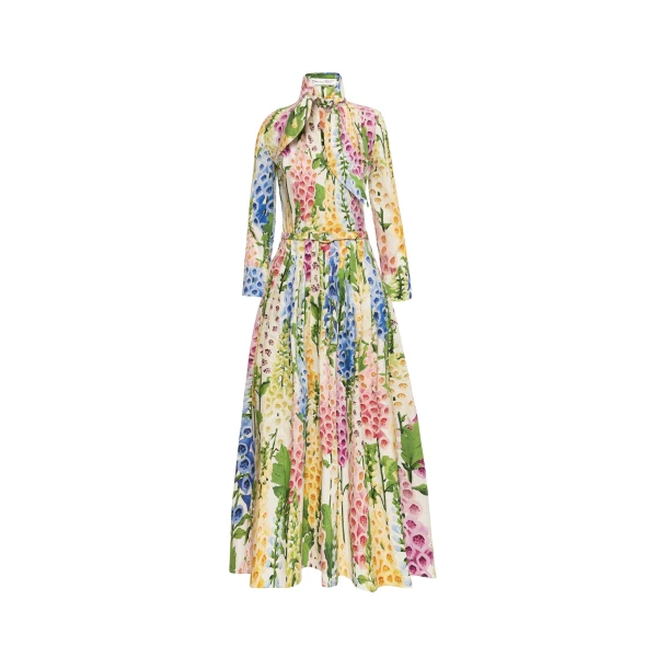 Oscar de la Renta Foxglove Cotton Poplin Tie-Neck Dress - Oscar de la Renta Dresses - American Couture - Shop at Luxury Shoes 
