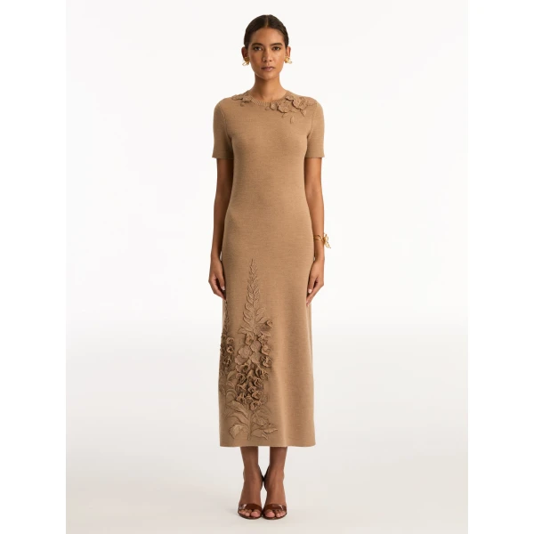 Oscar de la Renta Foxglove Embroidered Knit Dress - Oscar de la Renta Dresses - American Couture - Shop at Luxury Shoes 