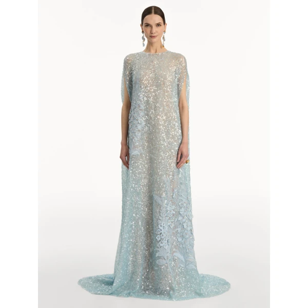 Oscar de la Renta Foxglove Embroidered Sequin Tulle Caftan - Oscar de la Renta Dresses - American Couture - Shop at Luxury Shoes 