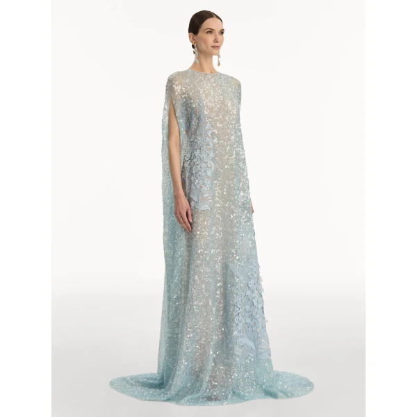 Oscar de la Renta Foxglove Embroidered Sequin Tulle Caftan - Oscar de la Renta Dresses - American Couture - Shop at Luxury Shoes 