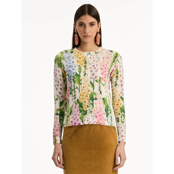 Oscar de la Renta Foxglove Printed Cardigan - Oscar de la Renta Knitwear - American Couture - Shop at Luxury Shoes 