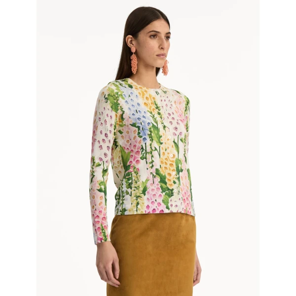 Oscar de la Renta Foxglove Printed Cardigan - Oscar de la Renta Knitwear - American Couture - Shop at Luxury Shoes 