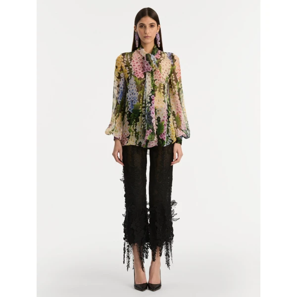 Oscar de la Renta Foxglove Tie-Neck Chiffon Blouse - Oscar de la Renta Tops - American Couture - Shop at Luxury Shoes 