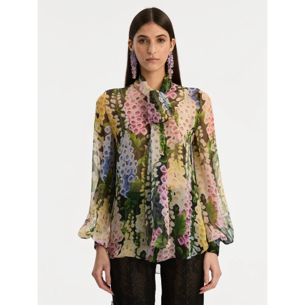Oscar de la Renta Foxglove Tie-Neck Chiffon Blouse - Oscar de la Renta Tops - American Couture - Shop at Luxury Shoes 