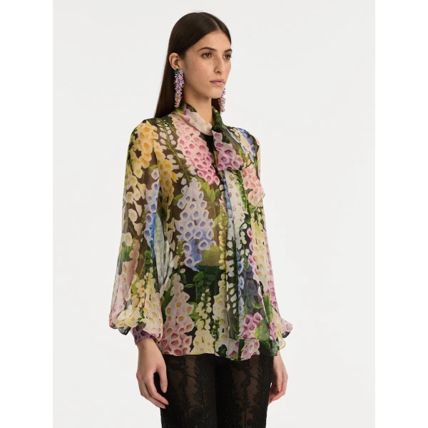Oscar de la Renta Foxglove Tie-Neck Chiffon Blouse - Oscar de la Renta Tops - American Couture - Shop at Luxury Shoes 