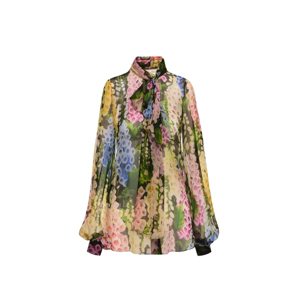 Oscar de la Renta Foxglove Tie-Neck Chiffon Blouse - Oscar de la Renta Tops - American Couture - Shop at Luxury Shoes 