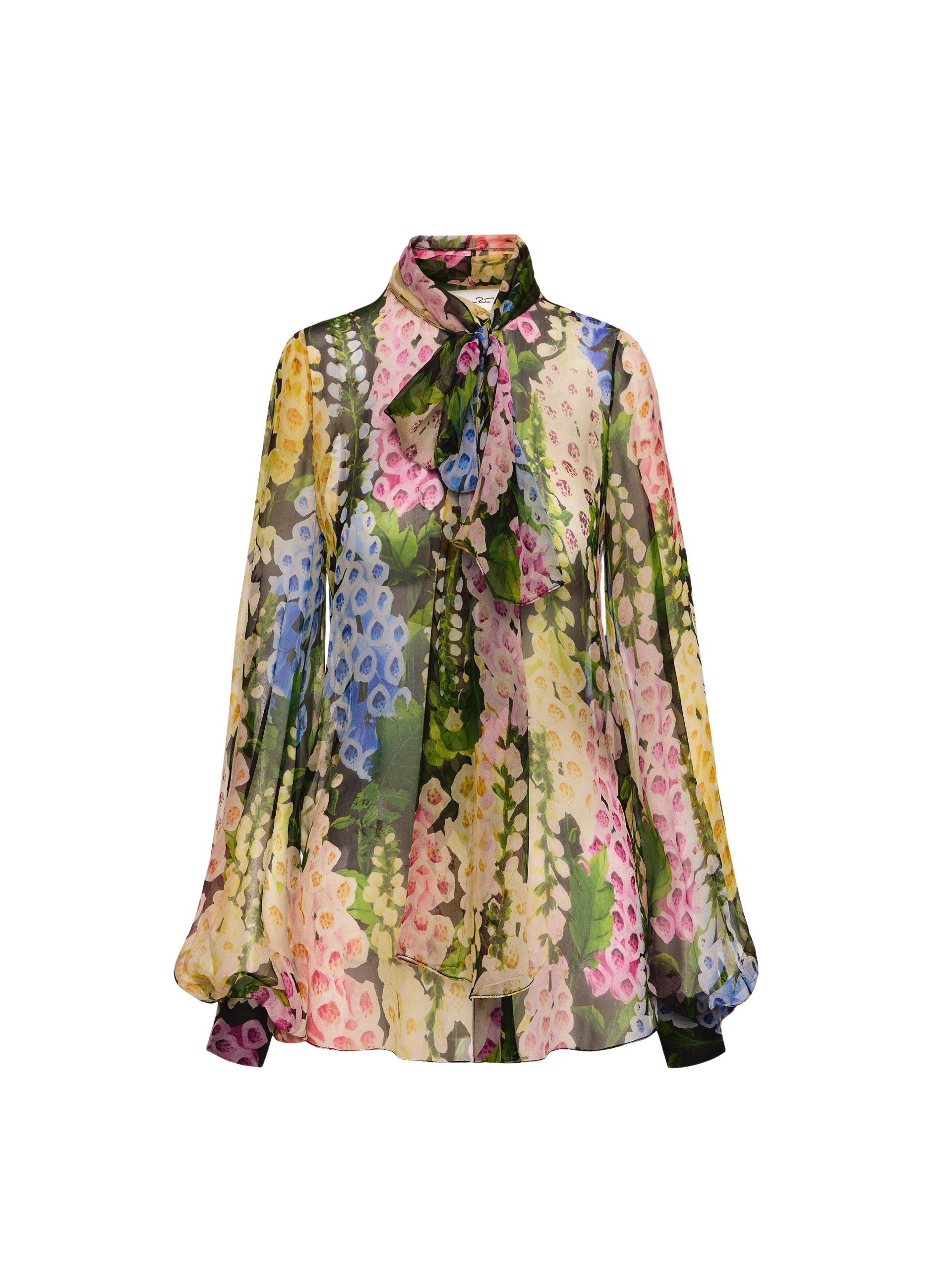 Oscar de la Renta Foxglove Tie-Neck Chiffon Blouse