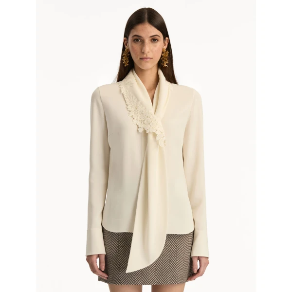 Oscar de la Renta Foxglove Tie-Neck Georgette Blouse - Oscar de la Renta Tops - American Couture - Shop at Luxury Shoes 
