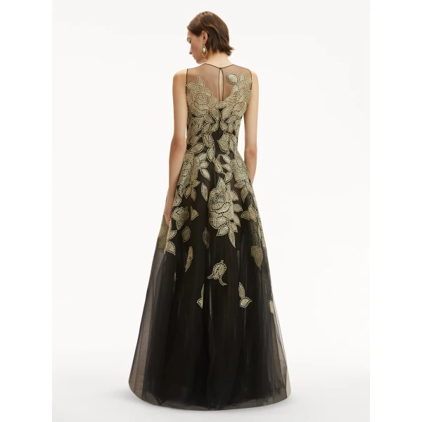 Oscar de la Renta Gold Foil Rose Appliqué Gown - Oscar de la Renta Dresses - American Couture - Shop at Luxury Shoes 