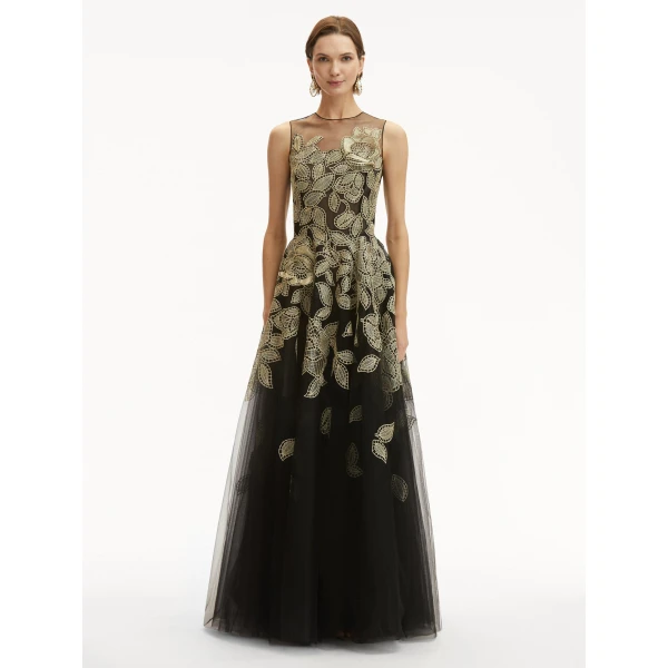 Oscar de la Renta Gold Foil Rose Appliqué Gown - Oscar de la Renta Dresses - American Couture - Shop at Luxury Shoes 