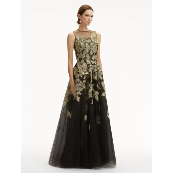 Oscar de la Renta Gold Foil Rose Appliqué Gown - Oscar de la Renta Dresses - American Couture - Shop at Luxury Shoes 