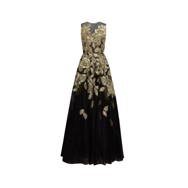 Oscar de la Renta Gold Foil Rose Appliqué Gown - Oscar de la Renta Dresses - American Couture - Shop at Luxury Shoes 
