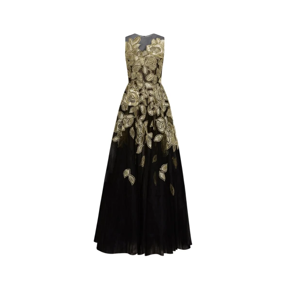Oscar de la Renta Gold Foil Rose Appliqué Gown - Oscar de la Renta Dresses - American Couture - Shop at Luxury Shoes 