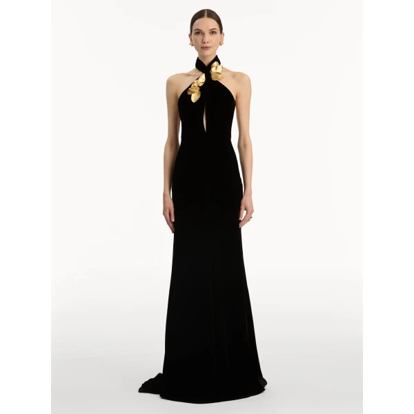 Oscar de la Renta Gold Leaf Embroidered Velvet Gown - Oscar de la Renta Dresses - American Couture - Shop at Luxury Shoes 
