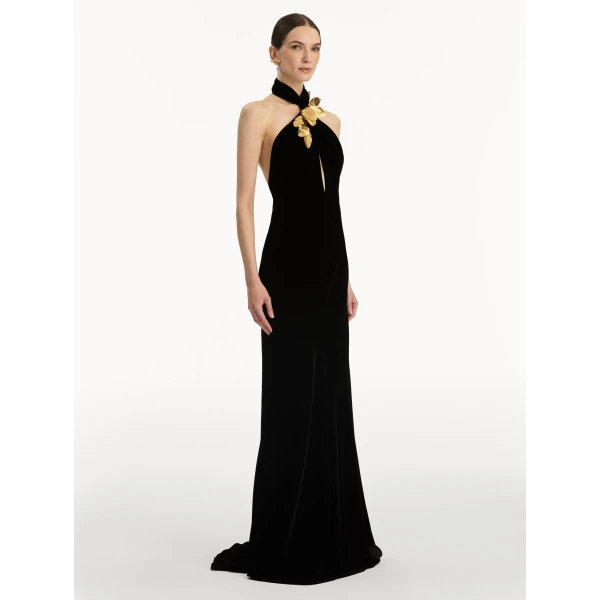 Oscar de la Renta Gold Leaf Embroidered Velvet Gown - Oscar de la Renta Dresses - American Couture - Shop at Luxury Shoes 
