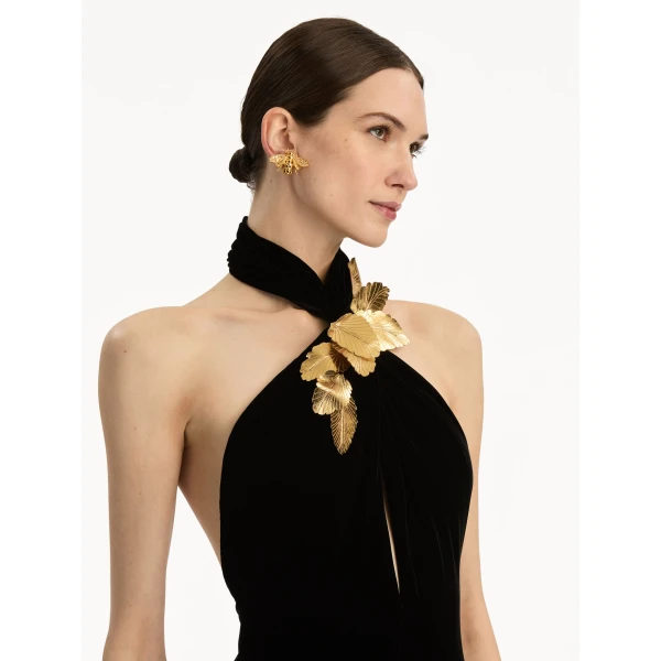 Oscar de la Renta Gold Leaf Embroidered Velvet Gown - Oscar de la Renta Dresses - American Couture - Shop at Luxury Shoes 