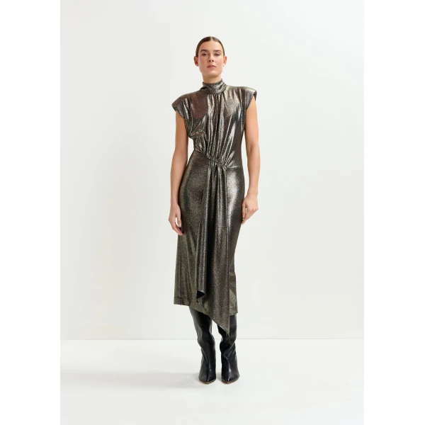 Essentiel Antwerp Gold stretch lurex midi-length dress - Essentiel Antwerp Dresses - Colorful Belgian Design - Shop at Luxury Shoes 