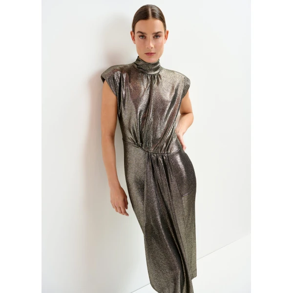 Essentiel Antwerp Gold stretch lurex midi-length dress - Essentiel Antwerp Dresses - Colorful Belgian Design - Shop at Luxury Shoes 