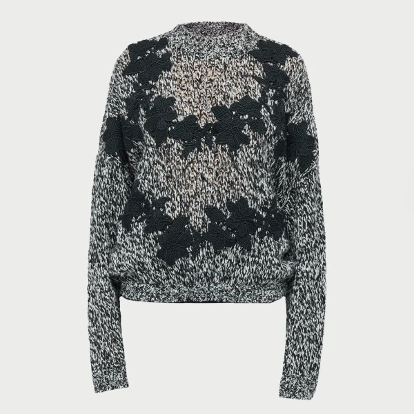 Giambattista Valli Gray Wool Sweater With Black Macramé - Giambattista Valli Knitwear - Romantic Couture - Shop at Luxury Shoes 