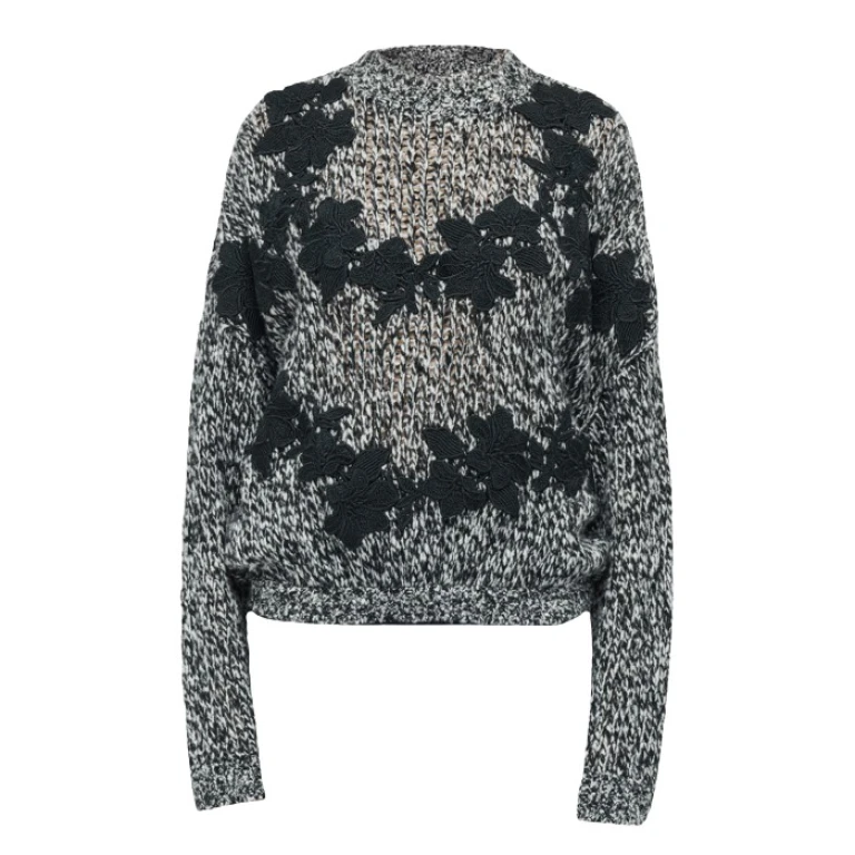 Giambattista Valli Gray Wool Sweater With Black Macramé - Giambattista Valli Knitwear - Romantic Couture - Shop at Luxury Shoes 