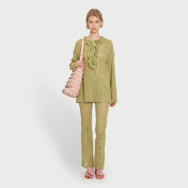 Giambattista Valli Green Filigree Macramé Flared Pants - Giambattista Valli Pants - Romantic Couture - Shop at Luxury Shoes 