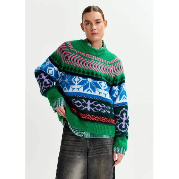 Essentiel Antwerp Green and multicolor mélange knit jacquard sweater - Essentiel Antwerp Jackets - Colorful Belgian Design - Shop at Luxury Shoes 