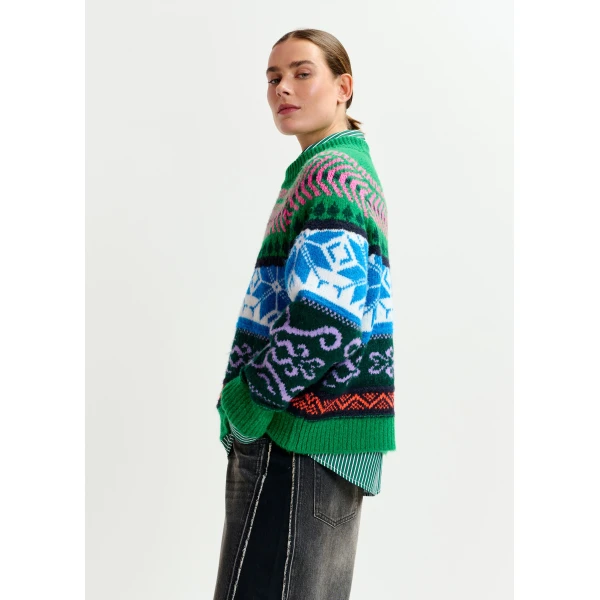 Essentiel Antwerp Green and multicolor mélange knit jacquard sweater - Essentiel Antwerp Jackets - Colorful Belgian Design - Shop at Luxury Shoes 