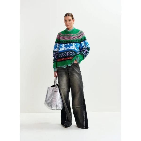 Essentiel Antwerp Green and multicolor mélange knit jacquard sweater - Essentiel Antwerp Jackets - Colorful Belgian Design - Shop at Luxury Shoes 