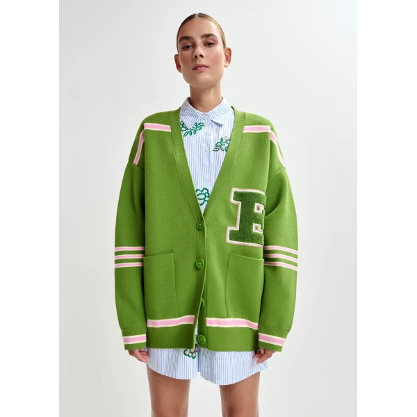 Essentiel Antwerp Green appliquéd cardigan with pink stripes - Essentiel Antwerp Knitwear - Colorful Belgian Design - Shop at Luxury Shoes 
