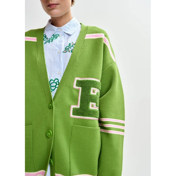 Essentiel Antwerp Green appliquéd cardigan with pink stripes - Essentiel Antwerp Knitwear - Colorful Belgian Design - Shop at Luxury Shoes 