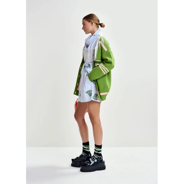 Essentiel Antwerp Green appliquéd cardigan with pink stripes - Essentiel Antwerp Knitwear - Colorful Belgian Design - Shop at Luxury Shoes 